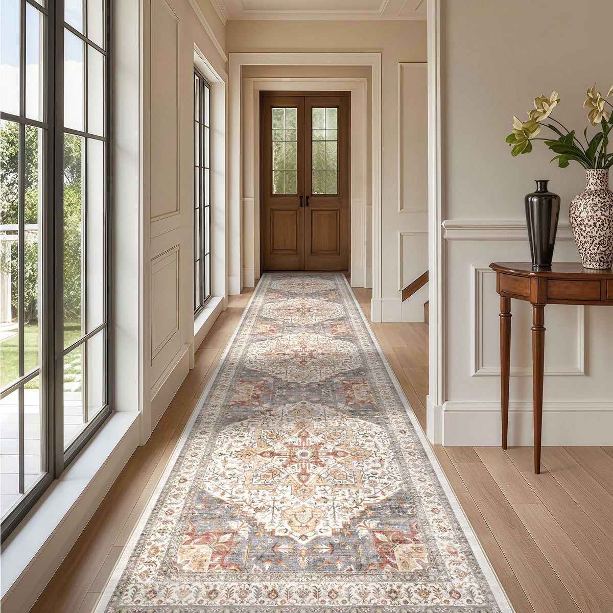 Tortania Area Rug Living Room Rugs - 9x12 Washable Boho Rug Vintage Oriental Distressed Farmhouse Large Thin Indoor Carpet for Living Room Bedroom Under Dining Table Home Office - Salmon/Azure