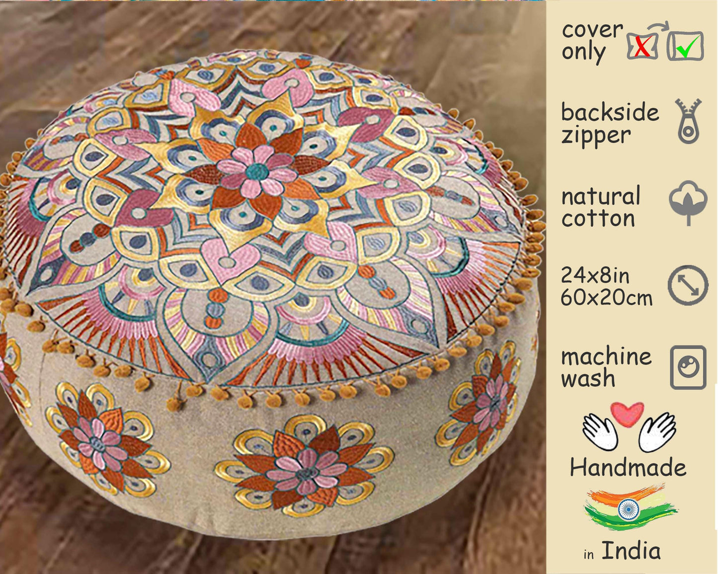 Large Round Floor Pillow Cover Blue Indian Décorative Accent Meditation Cushion Perfect for Living Room, Bedroom, Nursary or Children Room Seating Area Stool Footstool Pouf Ottoman 24x8 Unstuffed