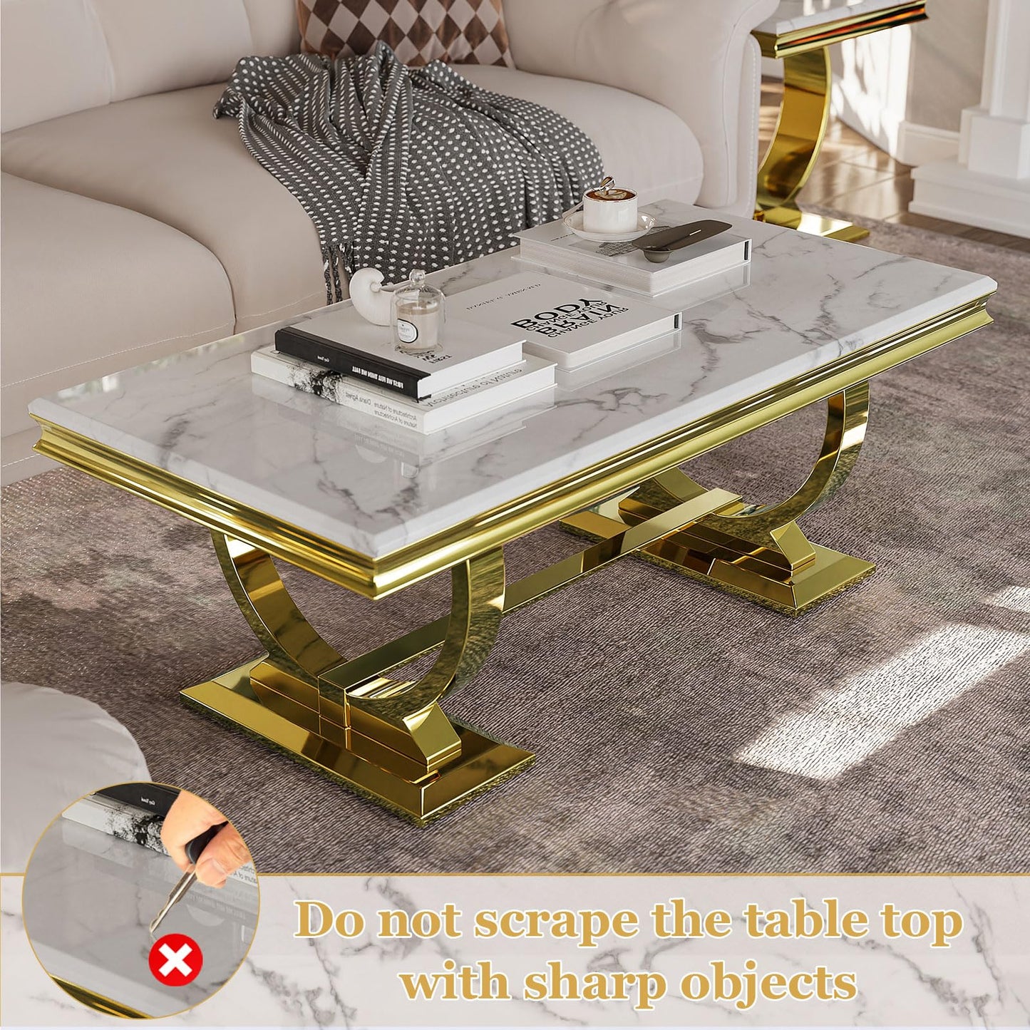 Asday Gold and White Coffee Table, Rectangle Marble Living Room Tea Table, Elegant Coffee Table for Living Room, Guest Hall, Reception Room