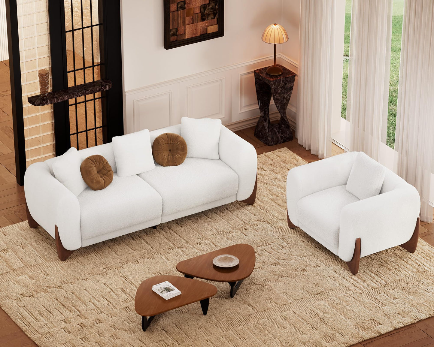 Morden Fort Modern Cloud Couch - 3 Seater Sherpa Boucle Sofa with Wood Legs, Ultra-Thick High Resilience Cushion with 3 Matching Pillows Upholstered Comfy Couch Sofa for Living Room - Off White