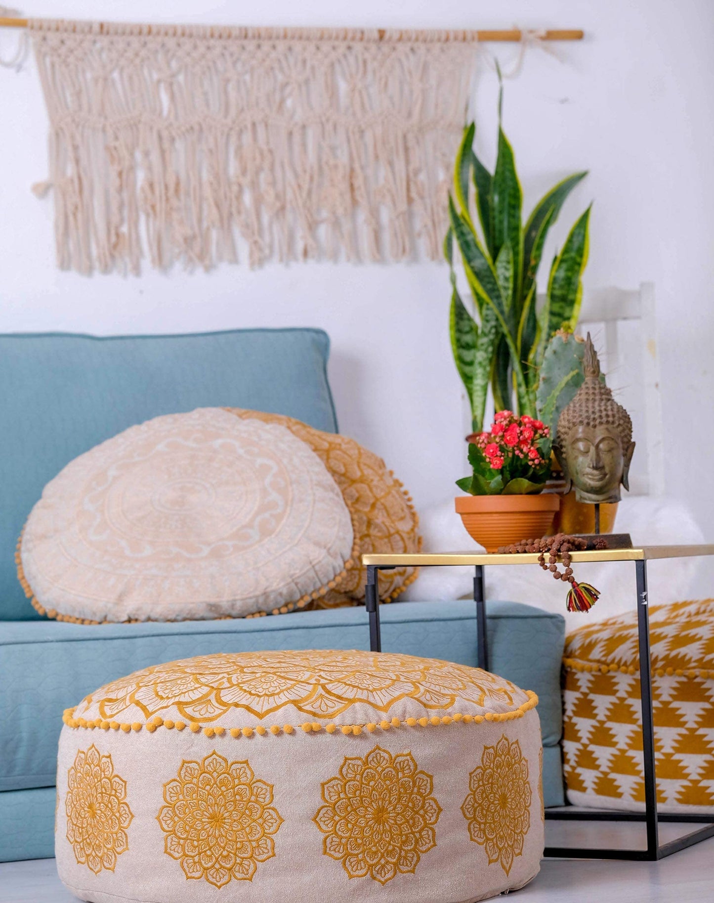 Large Round Floor Pillow Cover Blue Indian Décorative Accent Meditation Cushion Perfect for Living Room, Bedroom, Nursary or Children Room Seating Area Stool Footstool Pouf Ottoman 24x8 Unstuffed