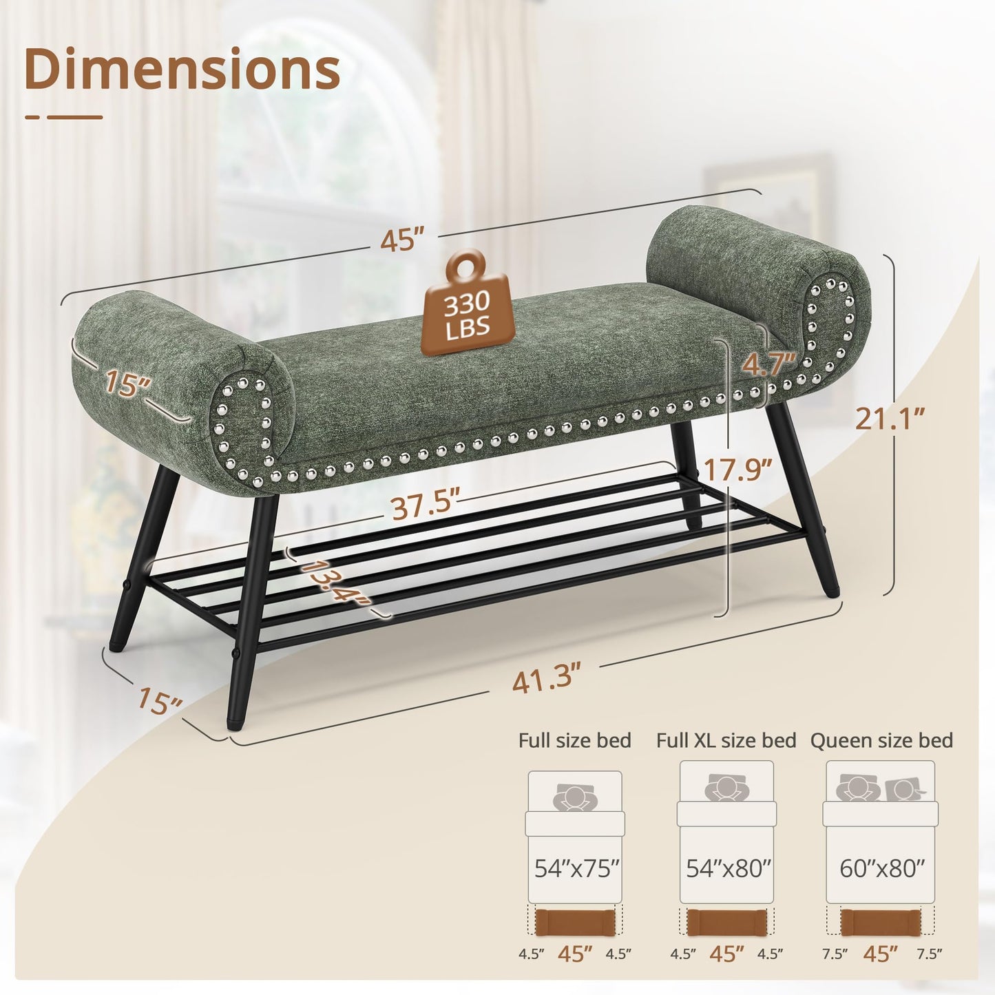 LUE BONA 45.3" End of Bed Bench, Modern Bedroom Leather Upholstered Shoe Benches, Ottoman with Stable Metal Frame and Solid Shelf for Bedroom, entryway, Living Room，Foyer, 330LB, Brown