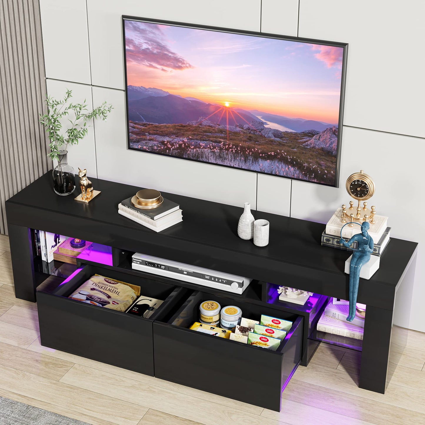 JUMMICO TV Stand, Modern Lighting TV Cabinet Entertainment Center Media and Open Shelf, TV Console Table with 1 Drawer and Remote Control, 20 Color LED Lights up to 70 Inch TV (White)