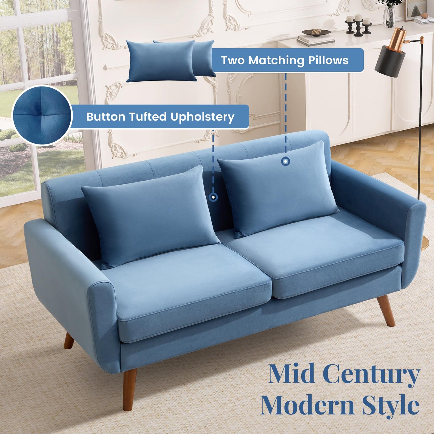 Tbfit 65" W Loveseat Sofa, Mid Century Modern Love Seat Couches for Living Room, Button Tufted Upholstered Small Couch for Bedroom, Solid and Easy to Install Love Seats Furniture, Grey