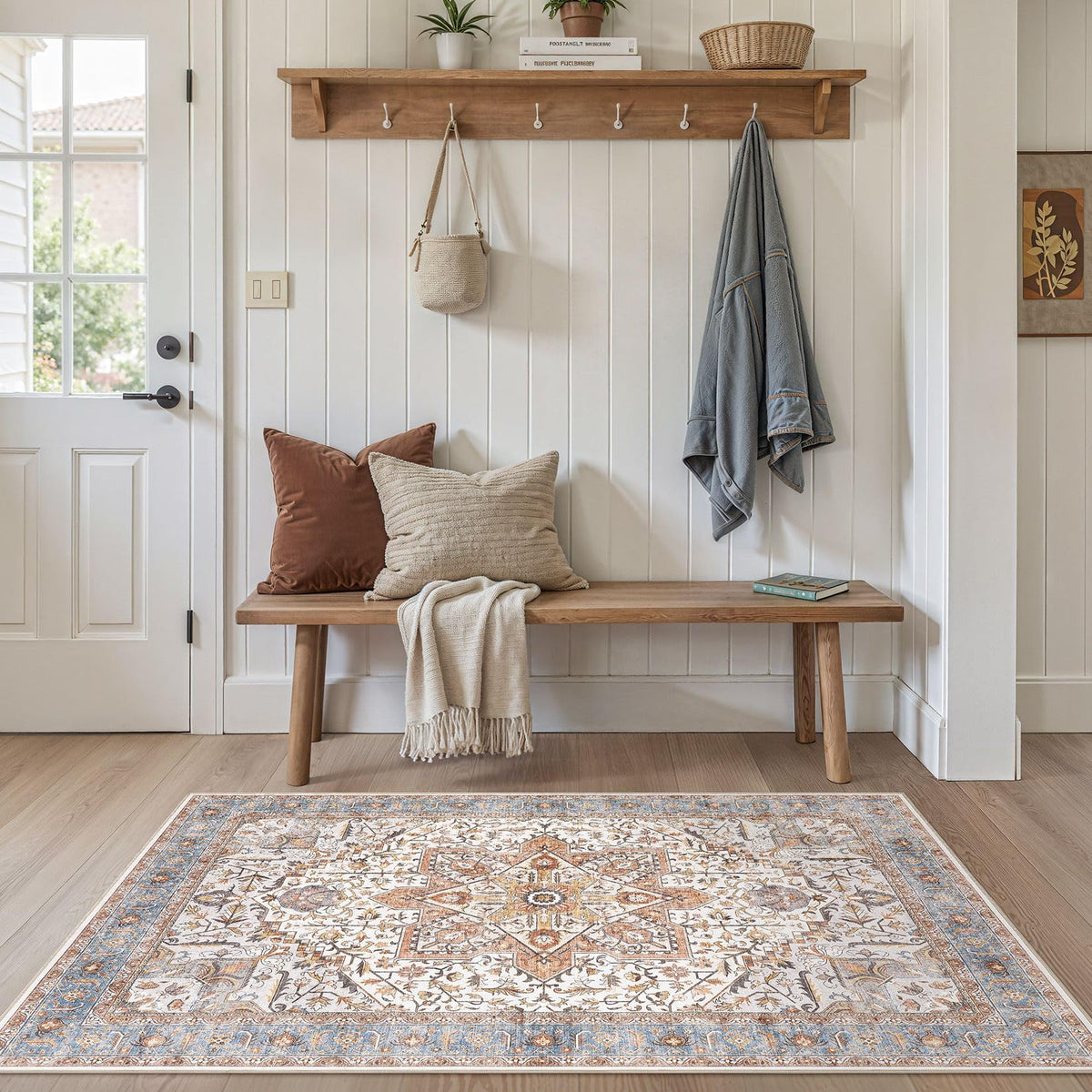 Tortania Area Rug Living Room Rugs - 9x12 Washable Boho Rug Vintage Oriental Distressed Farmhouse Large Thin Indoor Carpet for Living Room Bedroom Under Dining Table Home Office - Salmon/Azure