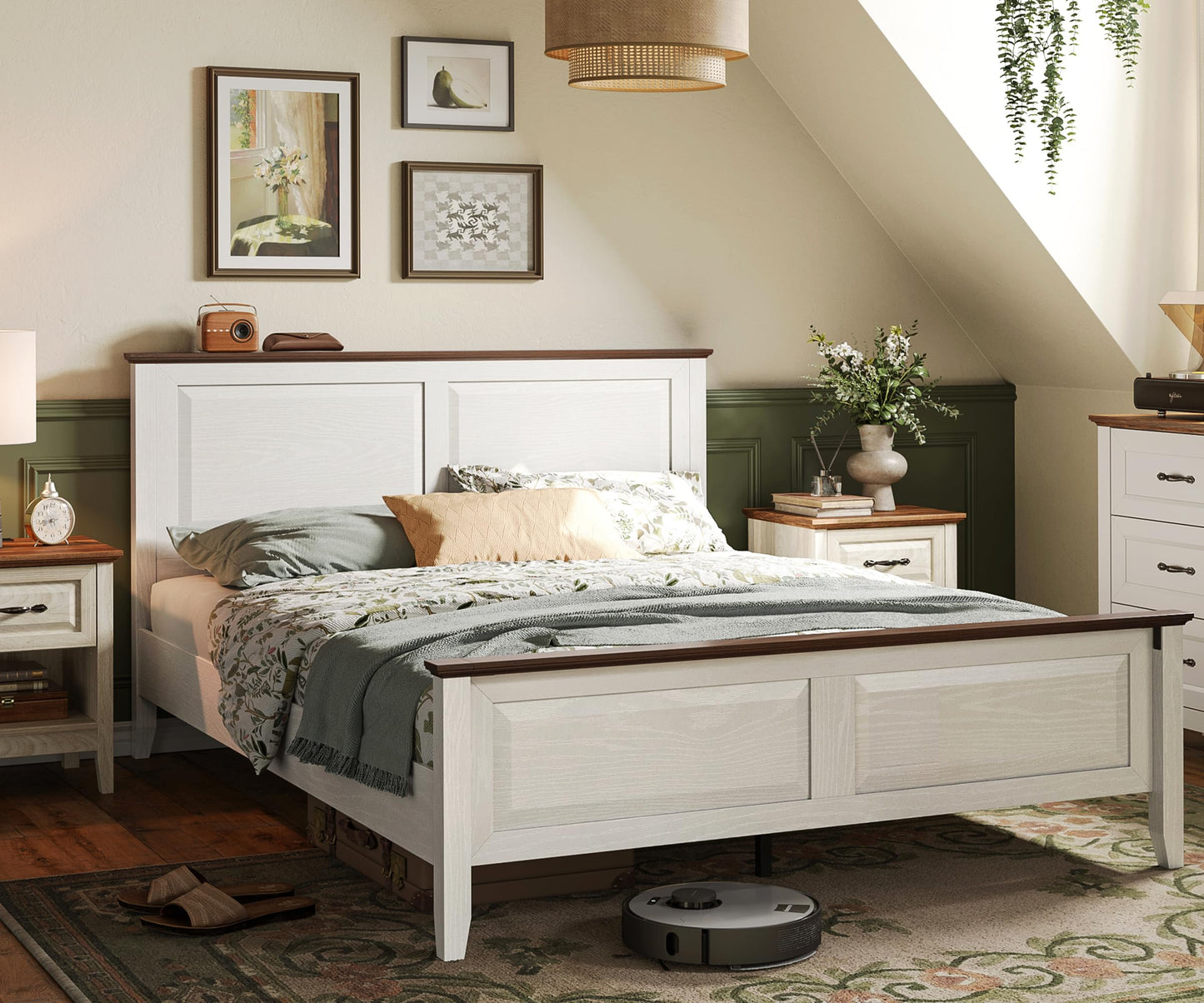 LINSY Wood Full Size Bed Frame with High Headboard, Farmhouse Bed Frame Full, Wood Bed Noise-Free, No Box Spring Needed - Grey