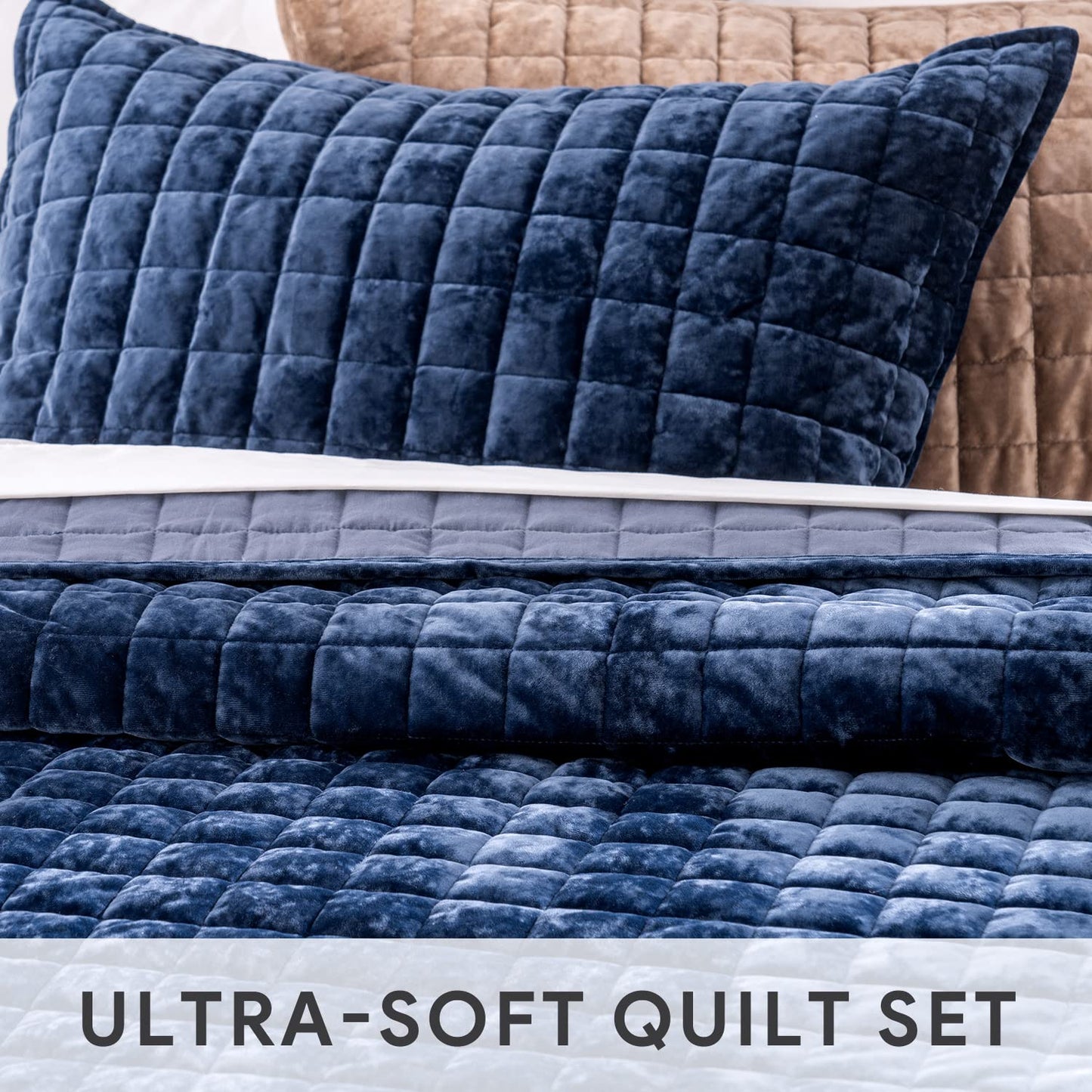 RECYCO Luxury Velvet Quilt Set King Size, Lightweight Velvet Comforter Set, Oversized Bedspread Coverlet Quilted Bedding Set, with 2 Matching Pillow Shams, for All Season, Navy Blue