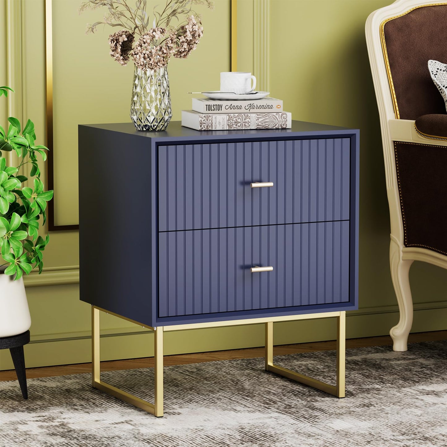 UEV Navy Blue Nightstand Set of 2,Modern Grooved Stripes Bed Side Table with 2 Drawers,Wood End Table with Golden Metal Handles and Pedestal Frame for Bedroom Living Room