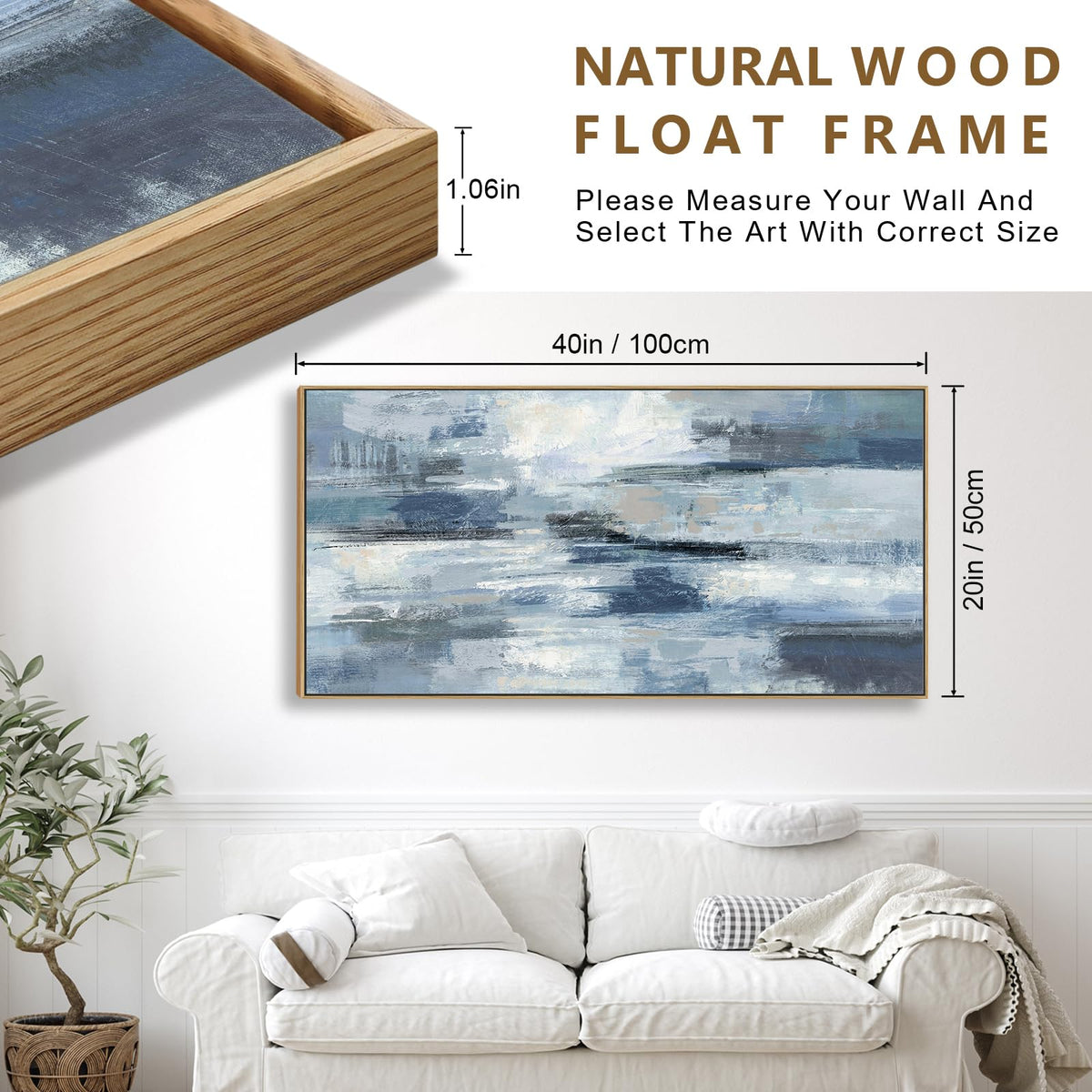 VEAEE Teal Framed Abstract Wall Art - Turquoise Green Colorful Modern Canvas Pictures, Living Room Wall Decor, Contemporary Landscape Painting Prints for Bedroom Bathroom Office Decor 20" x 40"