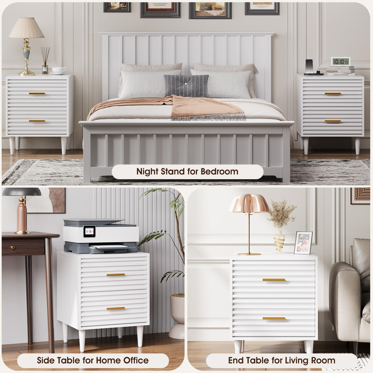 Alohappy Nightstands Set of 2, Mid Century Modern Night Stands, Fluted Bedside Table for Bedroom, Side End Table with Storage Drawers, Vintage Wood Accent Table for Living Room, Brown 2pcs
