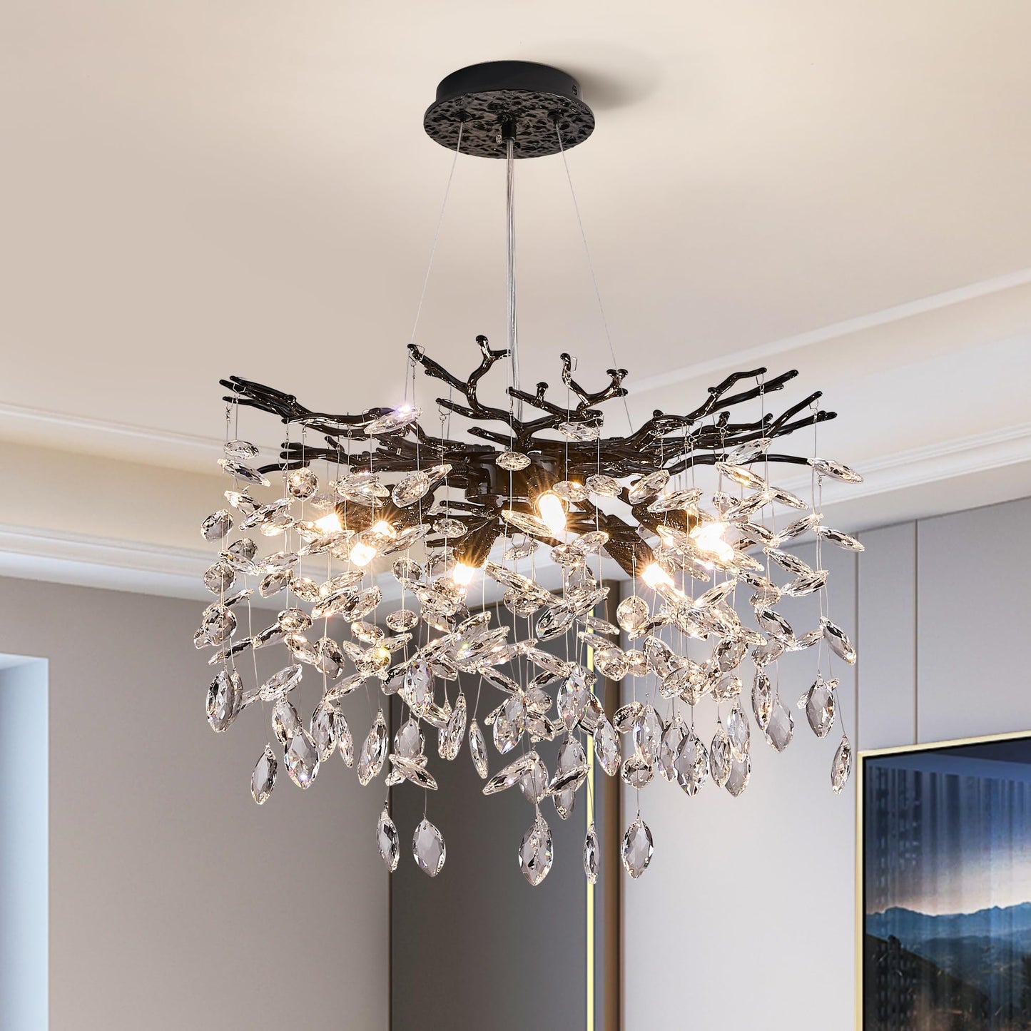 Modern Tree Branch Crystal Chandelier Luxury Silver Crystal Pendant Lighting 18" Contemporary 6-Light Chandeliers for Dining Room Kitchen Bedroom Living Room