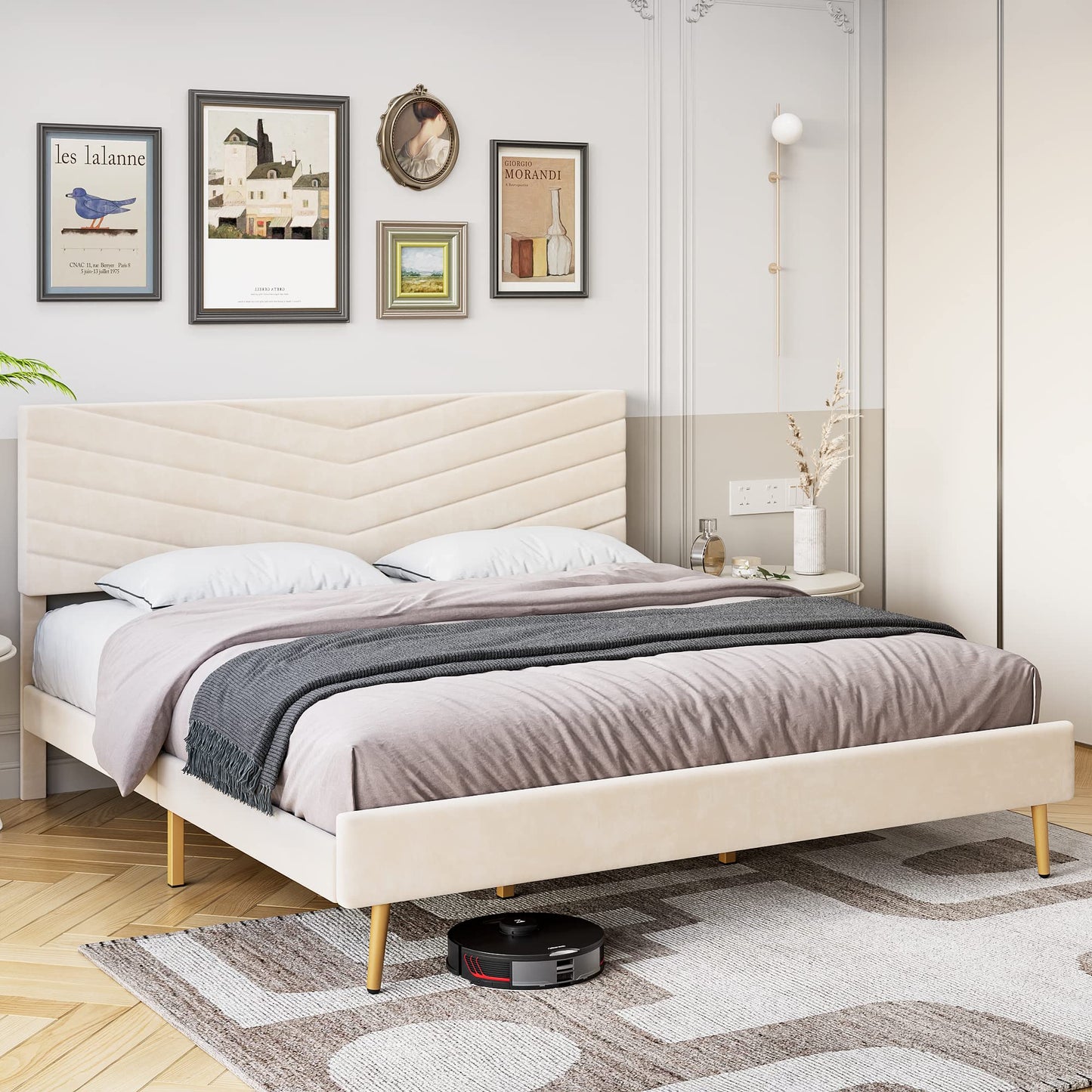 IDEALHOUSE King Upholstered Bed Frame with Wingback Headboard, Luxurious Velvet Upholstery Platform Bed, Wooden Slat Support, and Easy Assembly - Box Spring Optional, Light Gray