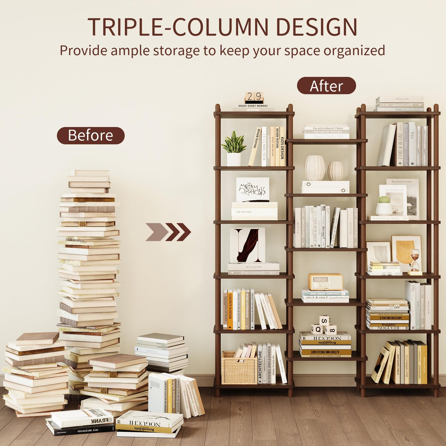IOTXY Wooden Triple Wide Bookshelf - 5-Tier Large Shelf Bookcase with Solid Beech Frame, Tall Freestanding Open Etagere Display Rack for Home Office, Walnut