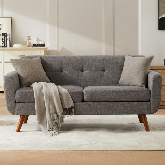 Tbfit 65" W Loveseat Sofa, Mid Century Modern Love Seat Couches for Living Room, Button Tufted Upholstered Small Couch for Bedroom, Solid and Easy to Install Love Seats Furniture, Grey