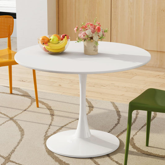 DKLGG 42" Modern Round Dining Table with MDF Top, Metal Base Pedestal Tulip Kitchen Table for 4-6 Person, Small Space Home, End Leisure Coffee Table, White