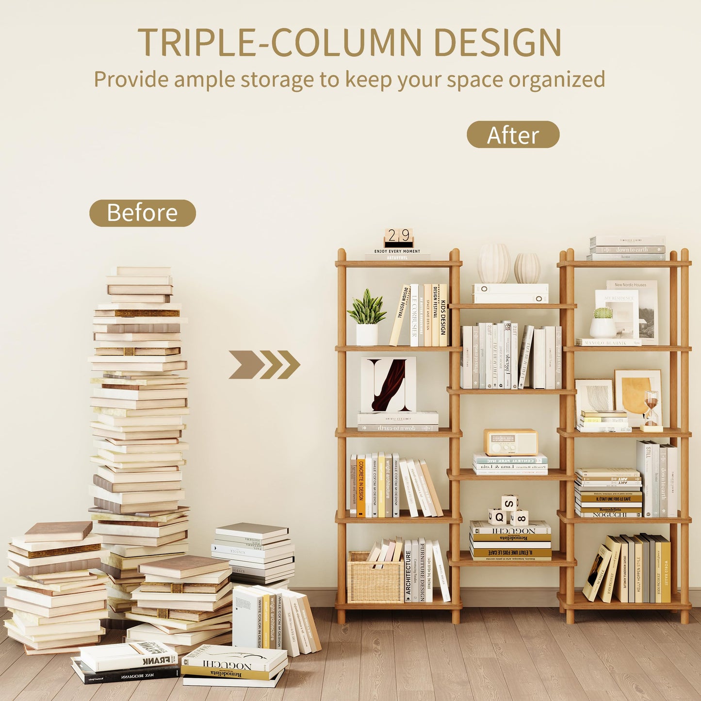 IOTXY Wooden Triple Wide Bookshelf - 5-Tier Large Shelf Bookcase with Solid Beech Frame, Tall Freestanding Open Etagere Display Rack for Home Office, Walnut