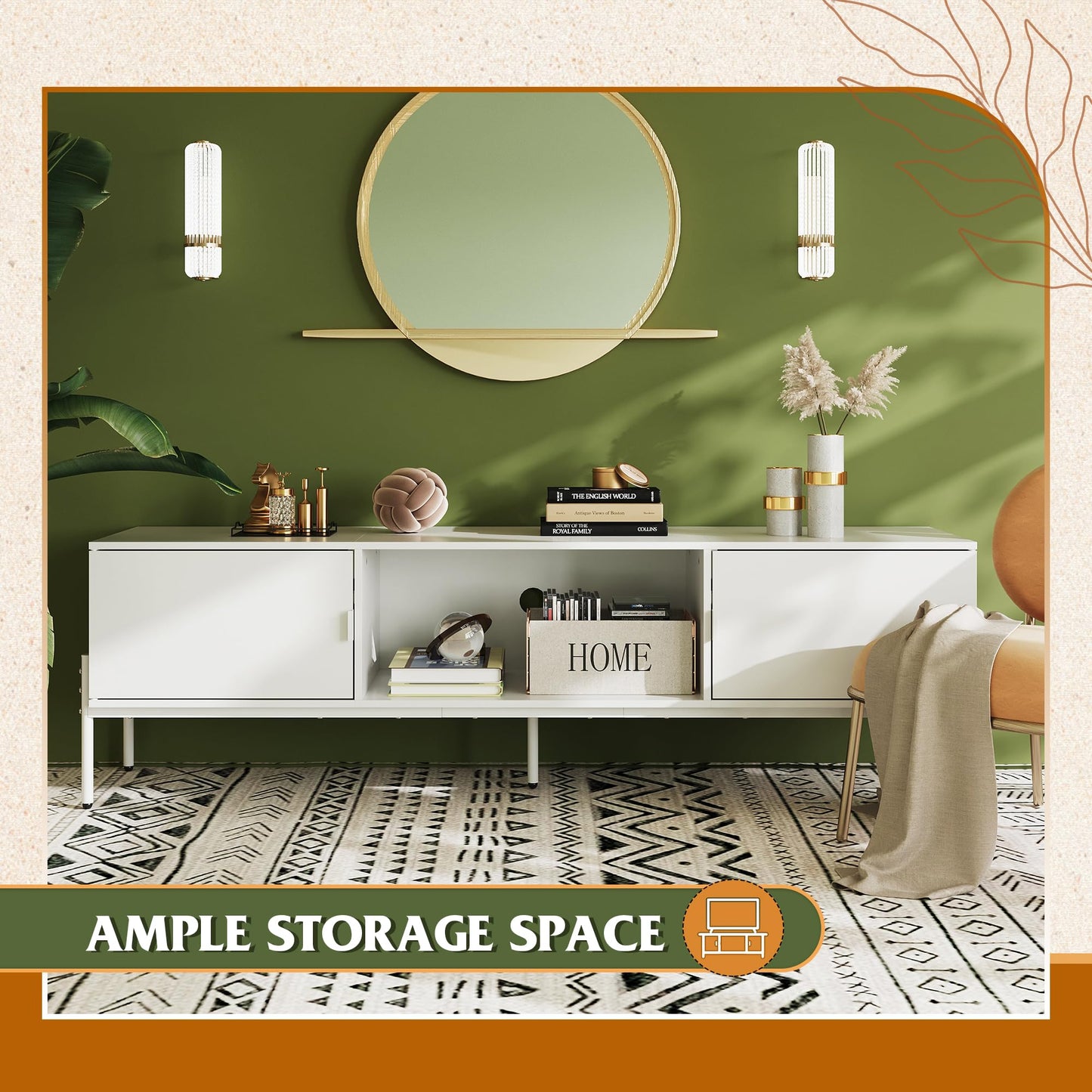WLIVE Modern TV Stand for 65 Inch TV, Mid Century Entainment Center with Storage Cabinets, TV Console for Bedroom and Living Room, TV Cabinet with Metal Legs, White