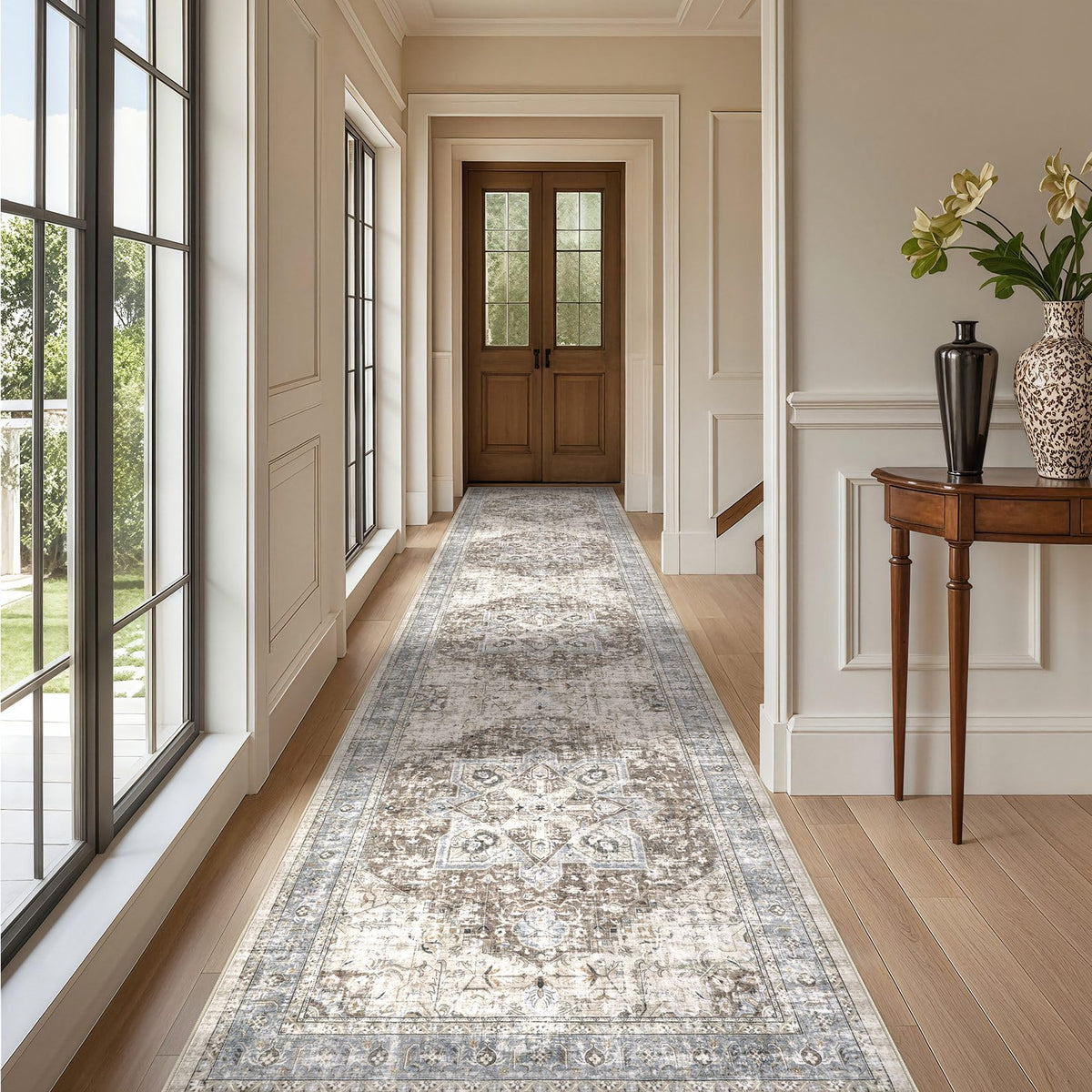 Tortania Area Rug Living Room Rugs - 9x12 Washable Boho Rug Vintage Oriental Distressed Farmhouse Large Thin Indoor Carpet for Living Room Bedroom Under Dining Table Home Office - Salmon/Azure