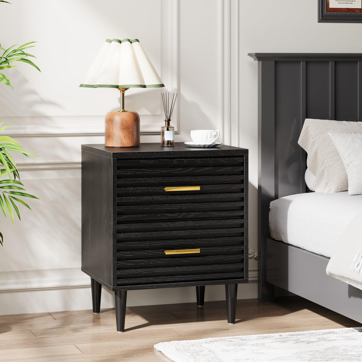 Alohappy Nightstands Set of 2, Mid Century Modern Night Stands, Fluted Bedside Table for Bedroom, Side End Table with Storage Drawers, Vintage Wood Accent Table for Living Room, Brown 2pcs