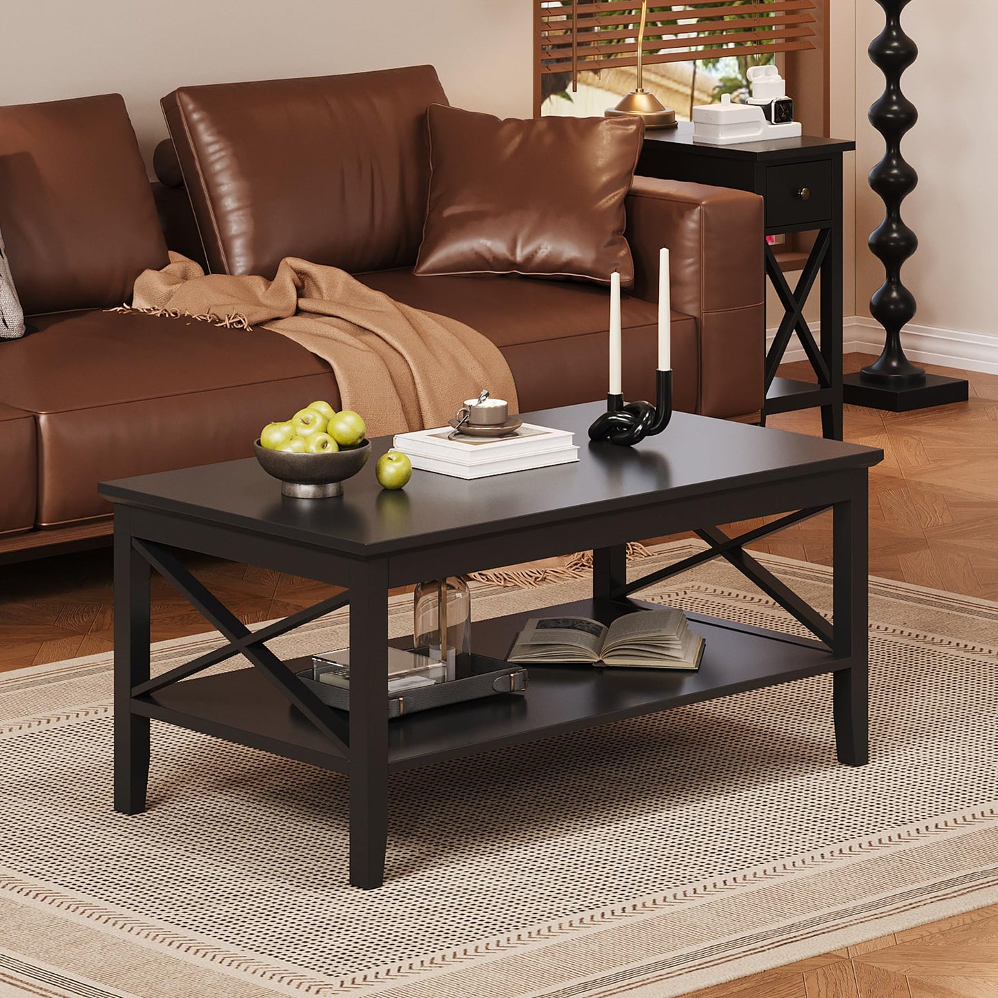 ChooChoo White Coffee Table Classic X Design for Living Room, Rectangular Modern Cocktail Table with Storage Shelf, 39 Inch