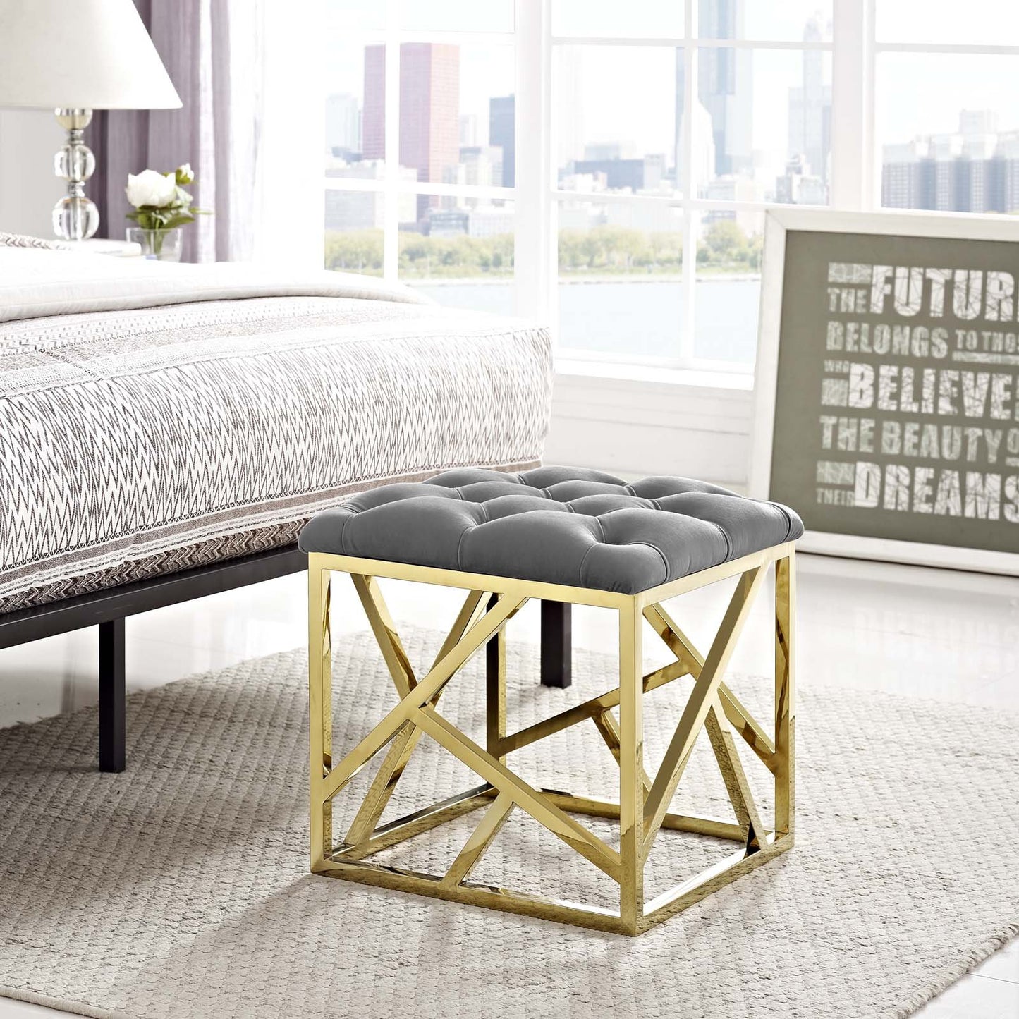 Modway intersperse Button-Tufted Contemporary Modern with Metallic Frame, Bench, Silver Gray