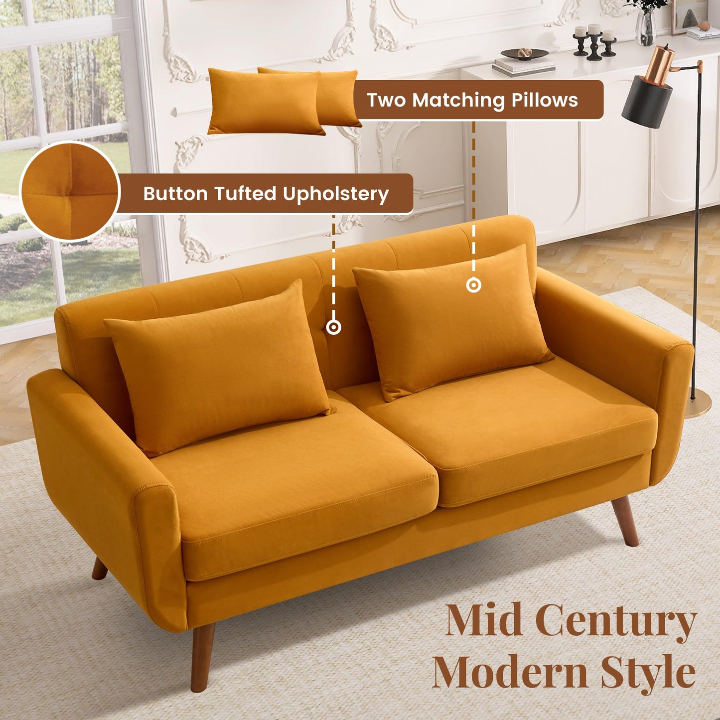 Tbfit 65" W Loveseat Sofa, Mid Century Modern Love Seat Couches for Living Room, Button Tufted Upholstered Small Couch for Bedroom, Solid and Easy to Install Love Seats Furniture, Grey
