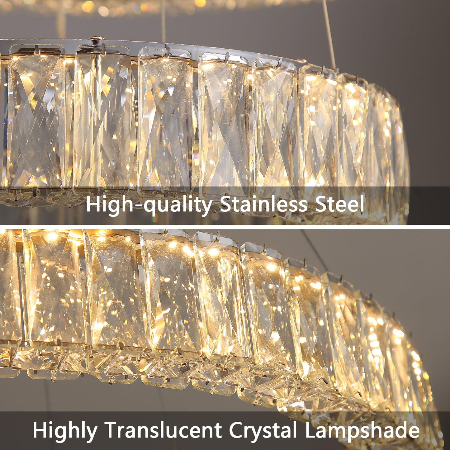 Modern Crystal Chandelier Dimmable LED Ring Pendant Lights Adjustable Glam Chandeliers Lighting Fixtures for Dining Room Living Room Bedroom Silver Light