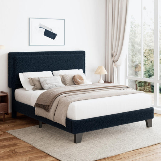 King Size Bed Frame and Headboard, Boucle Upholstered Platform Cloud Bed Frame with Headboard, Soft Teddy Fabric, Modern Style, No Box Spring Required, Easy Assembly, Blue-Black