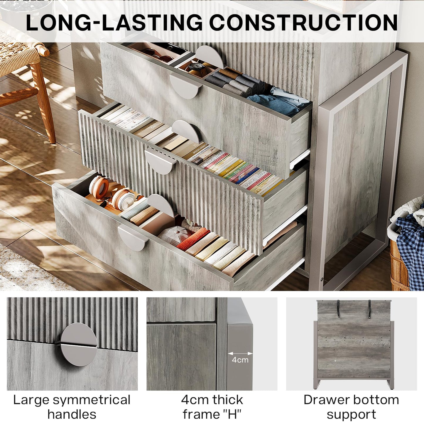 LGHM Fluted Gray Dresser for Bedroom, 50" Wide Chest of Drawers, Modern 6 Deep Drawers Dresser with Raised H Legs -Curved Profile Design, Easy Round Handles for Bedroom,Livingroom, Hallway, Gray