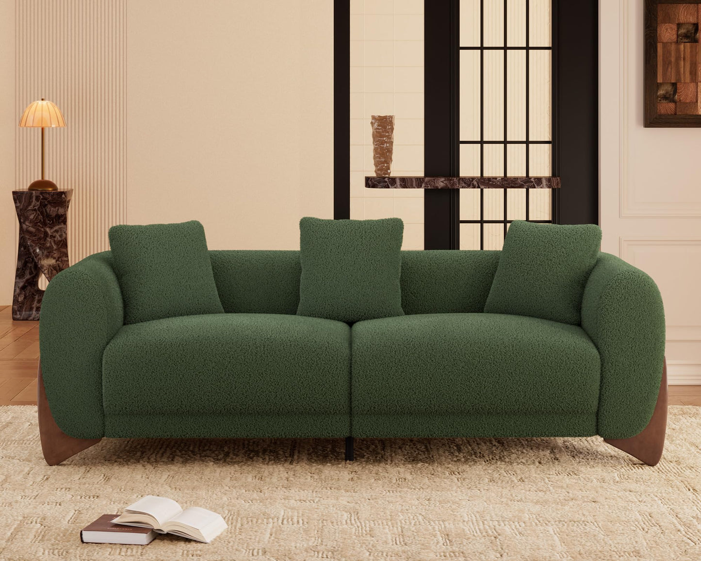 Morden Fort Modern Cloud Couch - 3 Seater Sherpa Boucle Sofa with Wood Legs, Ultra-Thick High Resilience Cushion with 3 Matching Pillows Upholstered Comfy Couch Sofa for Living Room - Off White