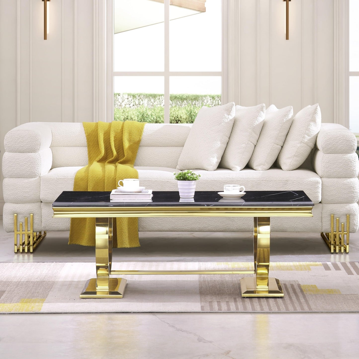 Asday Gold and White Coffee Table, Rectangle Marble Living Room Tea Table, Elegant Coffee Table for Living Room, Guest Hall, Reception Room