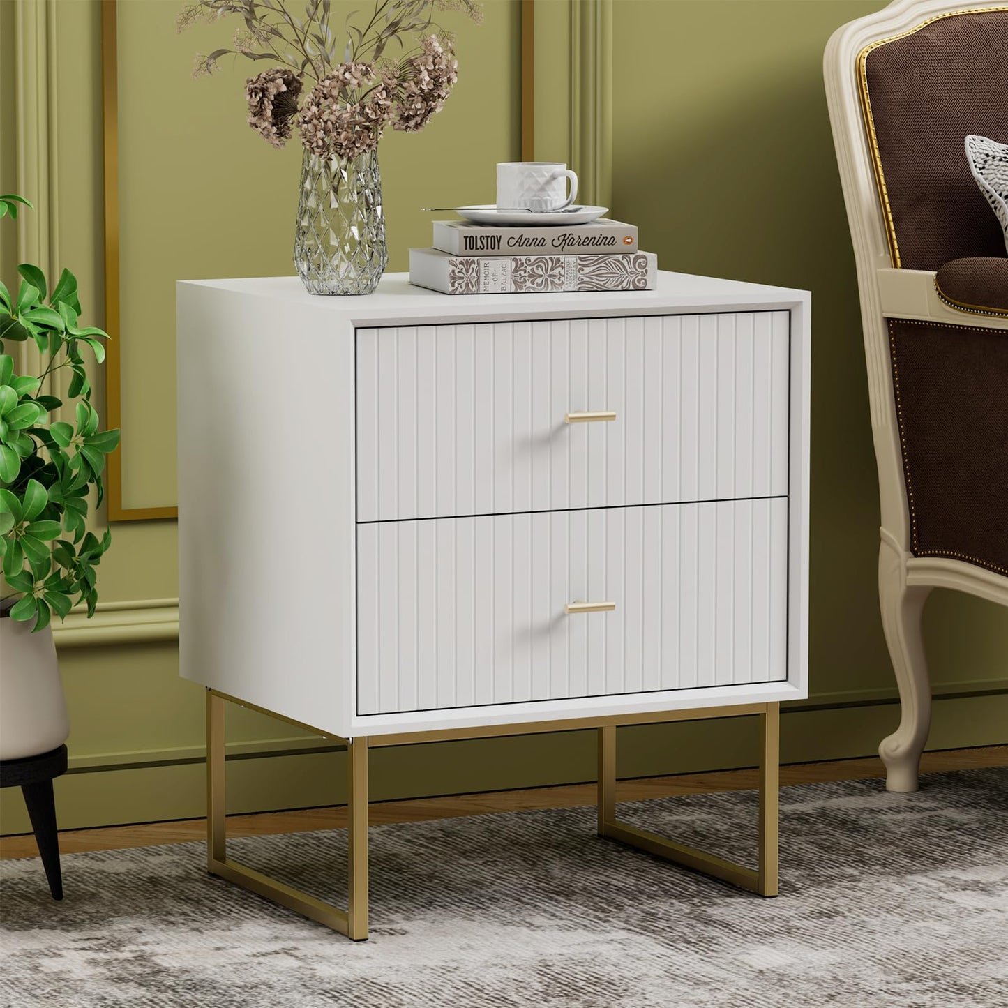 UEV Navy Blue Nightstand Set of 2,Modern Grooved Stripes Bed Side Table with 2 Drawers,Wood End Table with Golden Metal Handles and Pedestal Frame for Bedroom Living Room