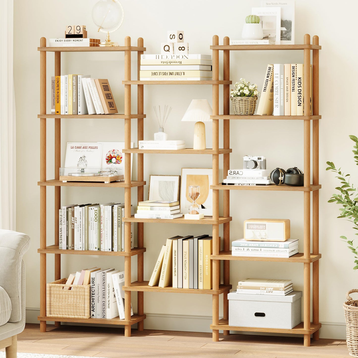 IOTXY Wooden Triple Wide Bookshelf - 5-Tier Large Shelf Bookcase with Solid Beech Frame, Tall Freestanding Open Etagere Display Rack for Home Office, Walnut