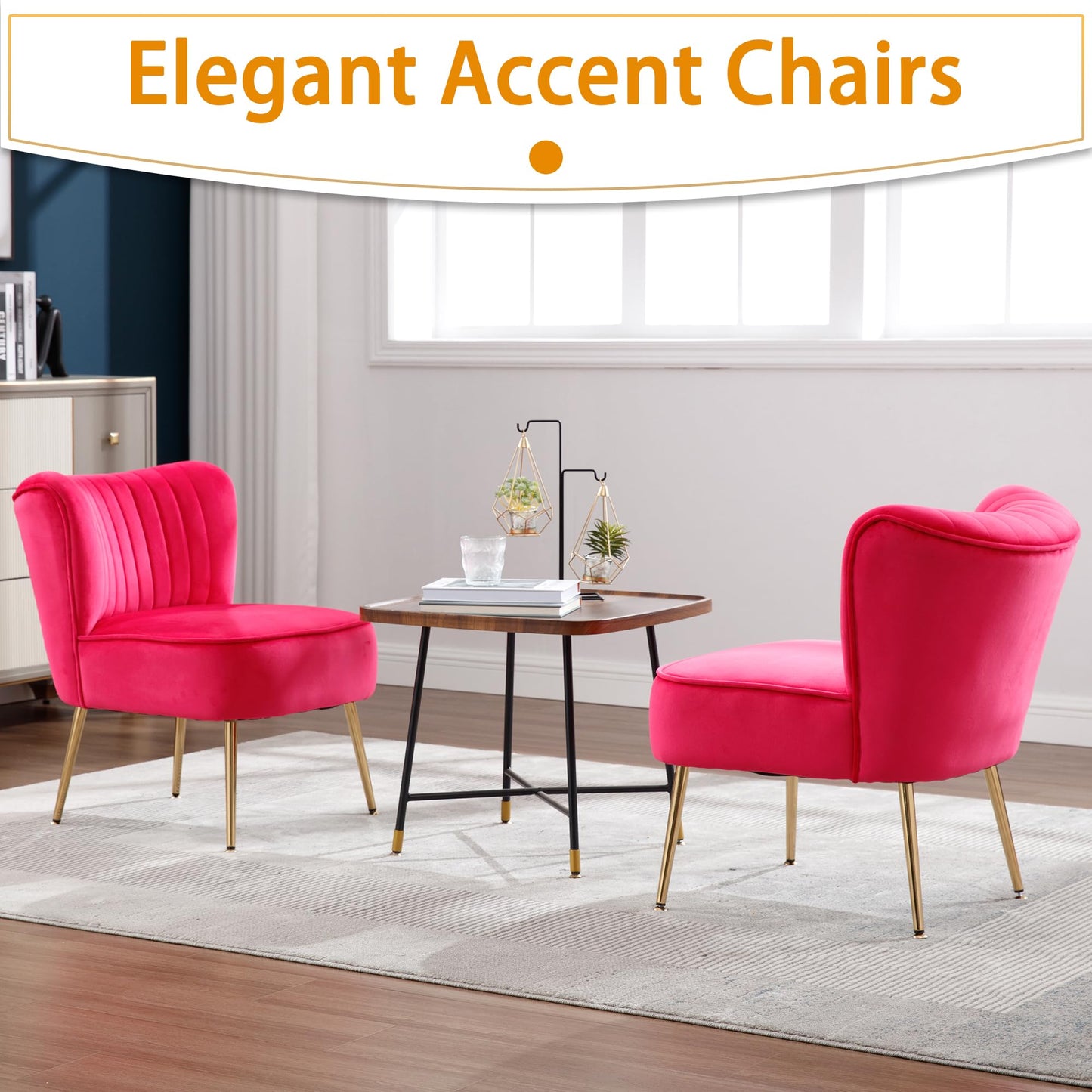 ABET Accent Chairs Set of 2, Velvet Armless Living Room Chairs with Tufted Wingback Thicken Cushion Gold Metal Legs, Comfy Upholstered Side Chairs Slipper Chairs Club Chairs for Bedroom, Beige