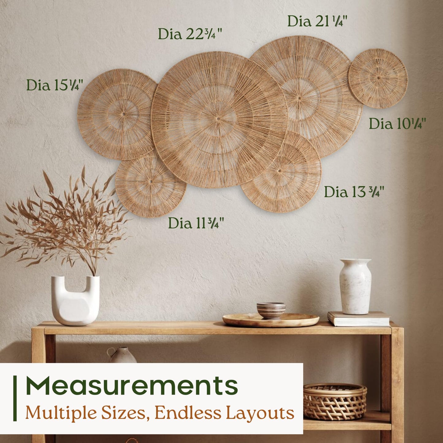 CHI AN 18 Inch Boho Wall Decor – Set of 5 Woven Jute Wall Baskets, Boho Wall Art & Decorative Basket Set, Farmhouse Wall Hanging, Handwoven Wall Plates for Living Room, Bedroom – 18", 14", 11", 8", 7"