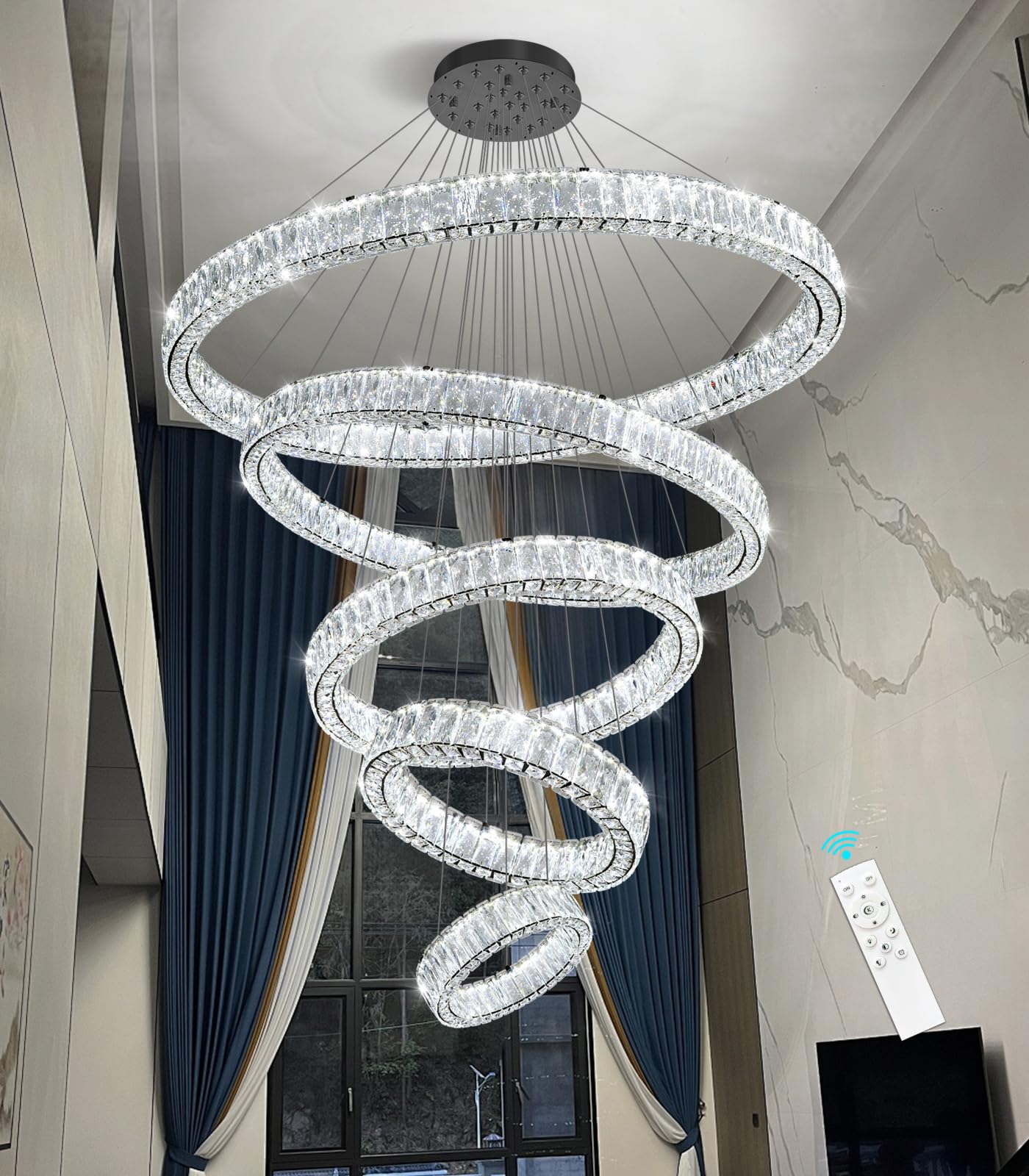Modern Crystal Chandelier Dimmable LED Ring Pendant Lights Adjustable Glam Chandeliers Lighting Fixtures for Dining Room Living Room Bedroom Silver Light