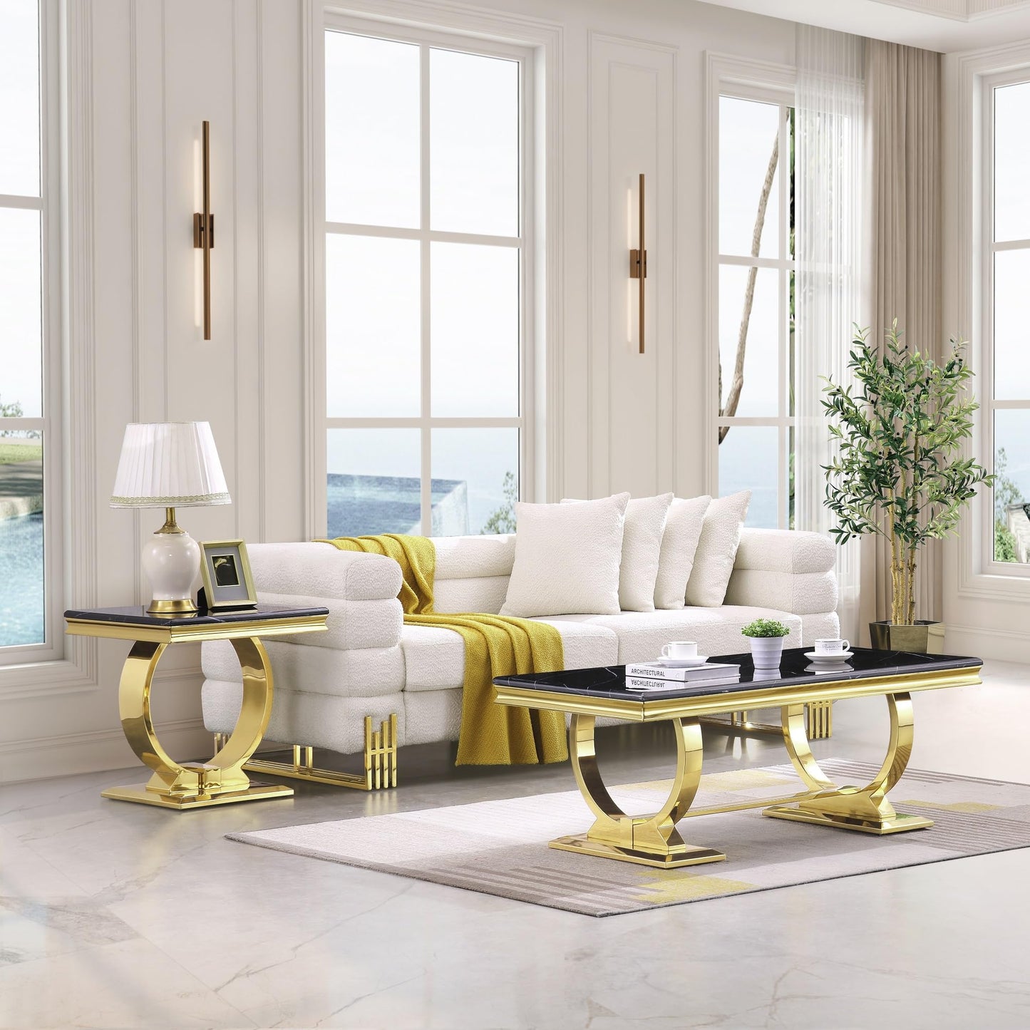 Asday Gold and White Coffee Table, Rectangle Marble Living Room Tea Table, Elegant Coffee Table for Living Room, Guest Hall, Reception Room