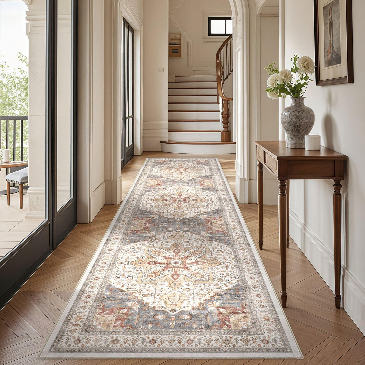 Tortania Area Rug Living Room Rugs - 9x12 Washable Boho Rug Vintage Oriental Distressed Farmhouse Large Thin Indoor Carpet for Living Room Bedroom Under Dining Table Home Office - Salmon/Azure
