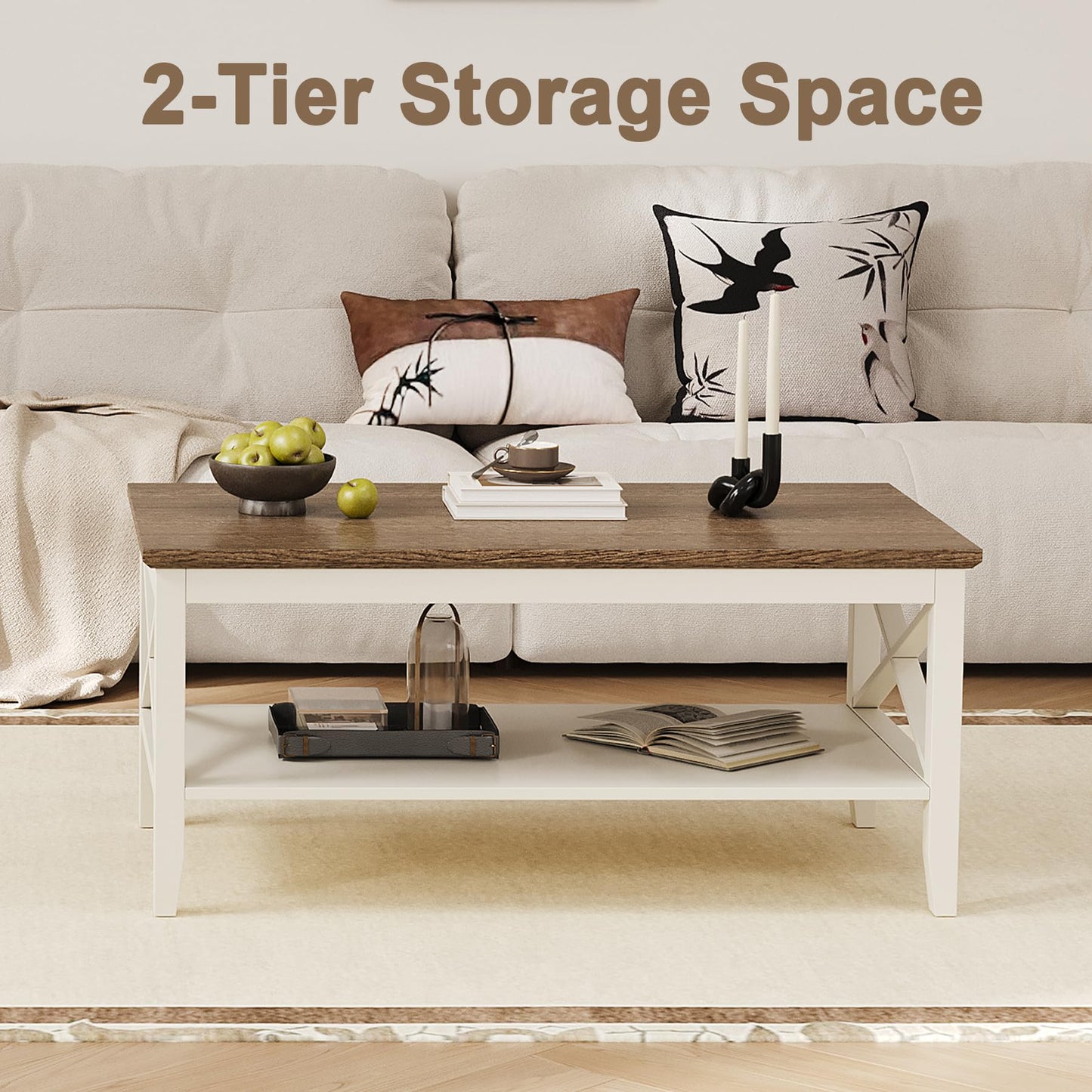 ChooChoo White Coffee Table Classic X Design for Living Room, Rectangular Modern Cocktail Table with Storage Shelf, 39 Inch