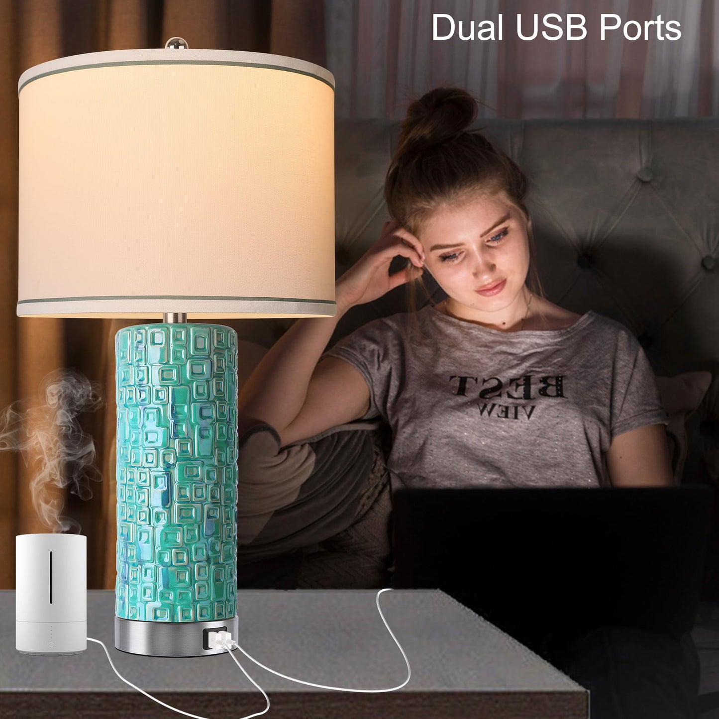 CeramicTable Lamps Set of 2 Lamps for Bedroom Living Room Office 26" Rotary Coastal Bedside Lamp for Nightstand with 2 USB Ports 3-Colors