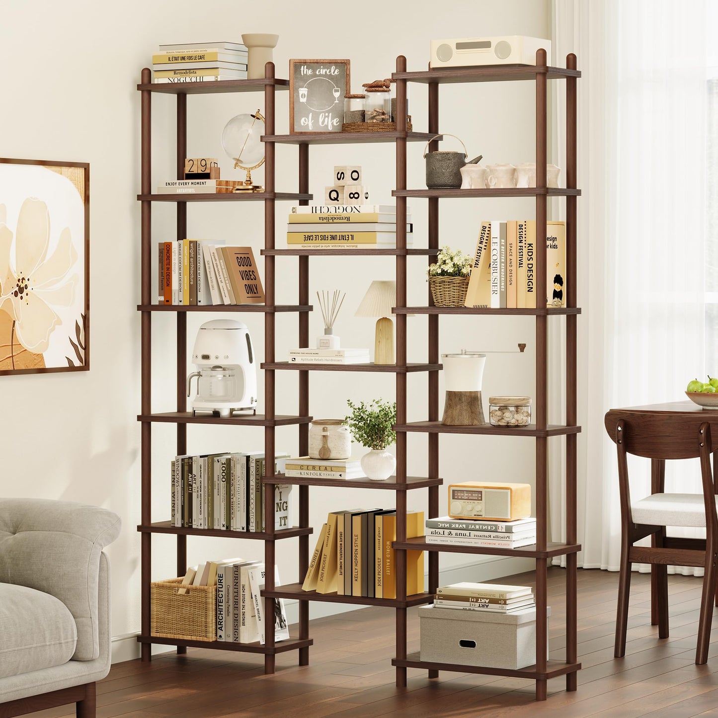 IOTXY Wooden Triple Wide Bookshelf - 5-Tier Large Shelf Bookcase with Solid Beech Frame, Tall Freestanding Open Etagere Display Rack for Home Office, Walnut
