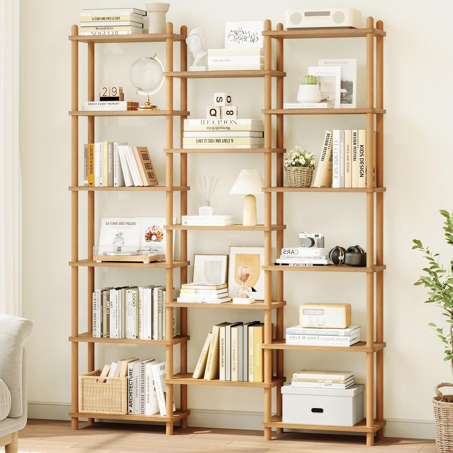 IOTXY Wooden Triple Wide Bookshelf - 5-Tier Large Shelf Bookcase with Solid Beech Frame, Tall Freestanding Open Etagere Display Rack for Home Office, Walnut