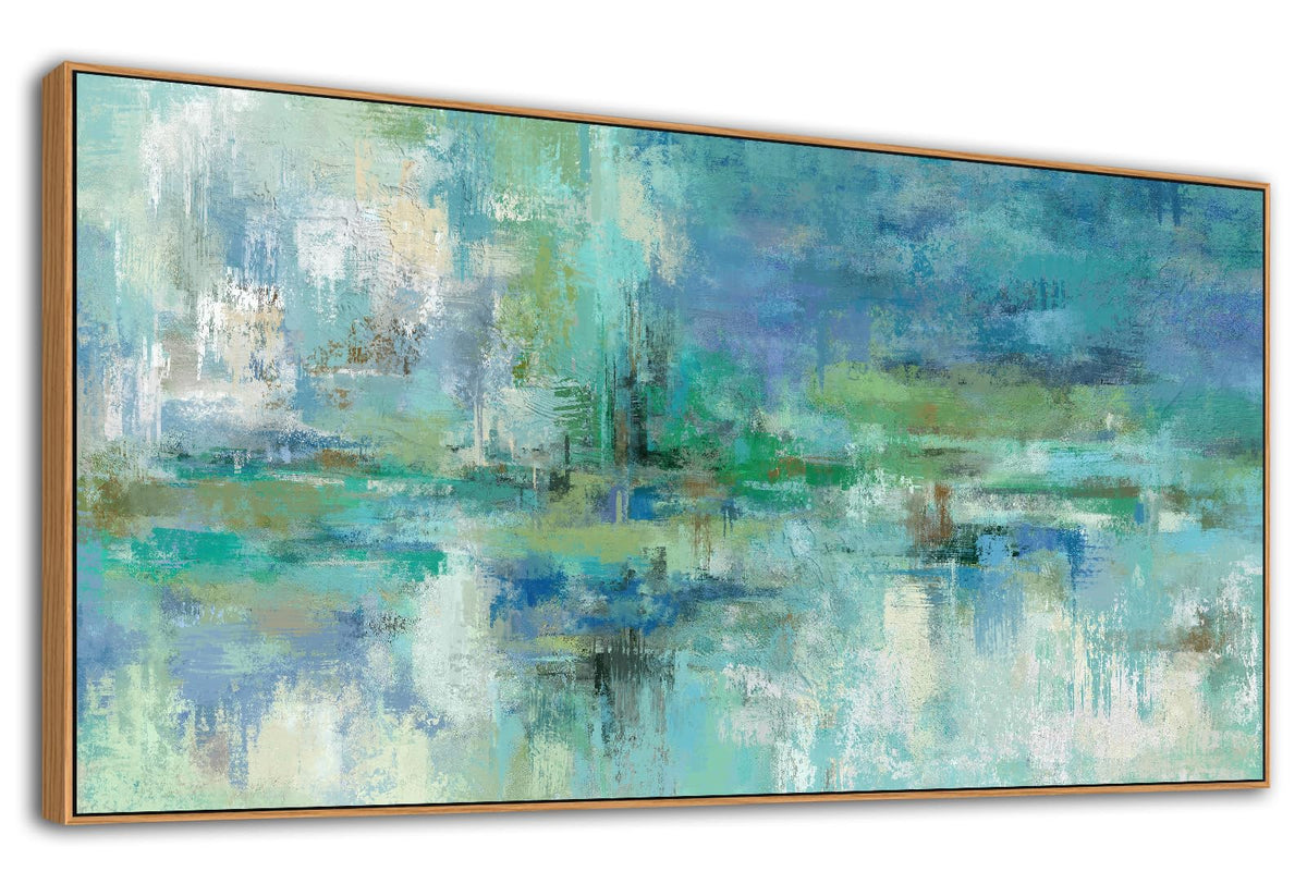 VEAEE Teal Framed Abstract Wall Art - Turquoise Green Colorful Modern Canvas Pictures, Living Room Wall Decor, Contemporary Landscape Painting Prints for Bedroom Bathroom Office Decor 20" x 40"