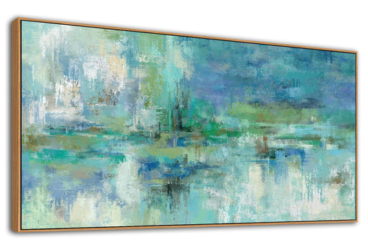 VEAEE Teal Framed Abstract Wall Art - Turquoise Green Colorful Modern Canvas Pictures, Living Room Wall Decor, Contemporary Landscape Painting Prints for Bedroom Bathroom Office Decor 20" x 40"