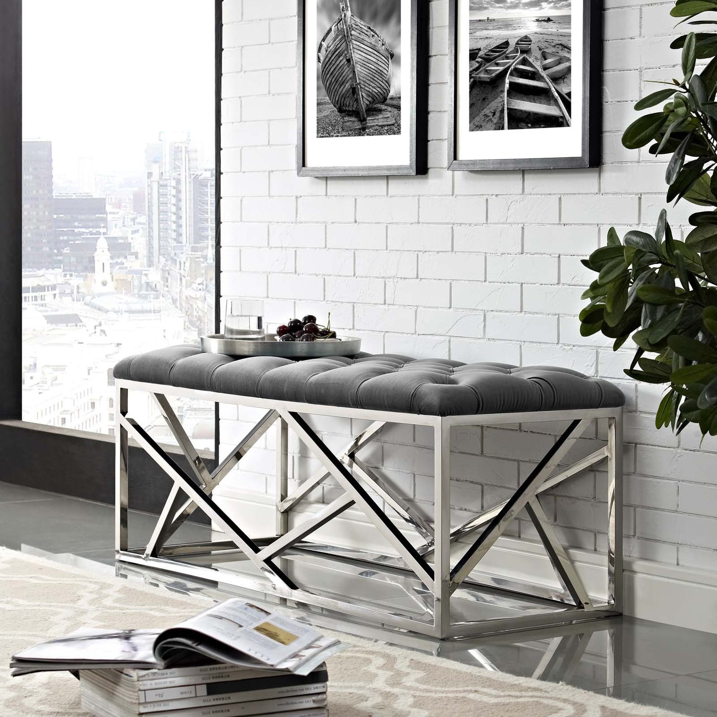 Modway intersperse Button-Tufted Contemporary Modern with Metallic Frame, Bench, Silver Gray