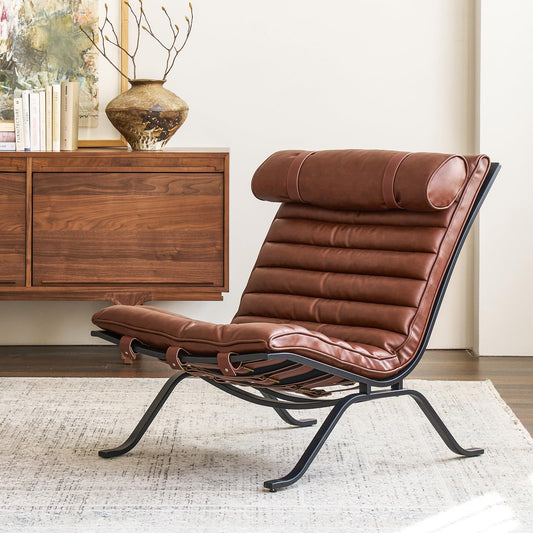 Leather Upholstered Armless Chair Modern Design Lounge Chair with Metal Frame and Headrest Cushion Comfortable Suitable for Living Room Bedroom Office (Dark Brown)