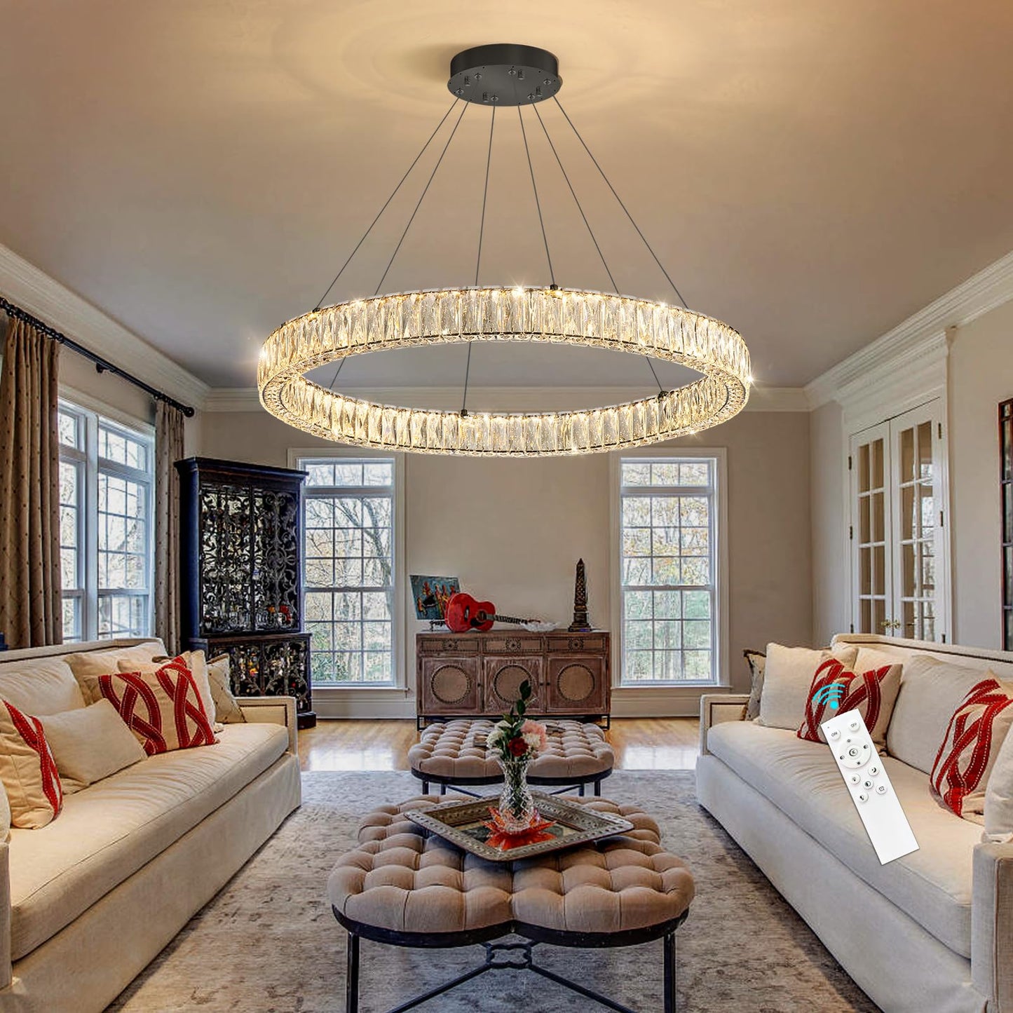 Modern Crystal Chandelier Dimmable LED Ring Pendant Lights Adjustable Glam Chandeliers Lighting Fixtures for Dining Room Living Room Bedroom Silver Light