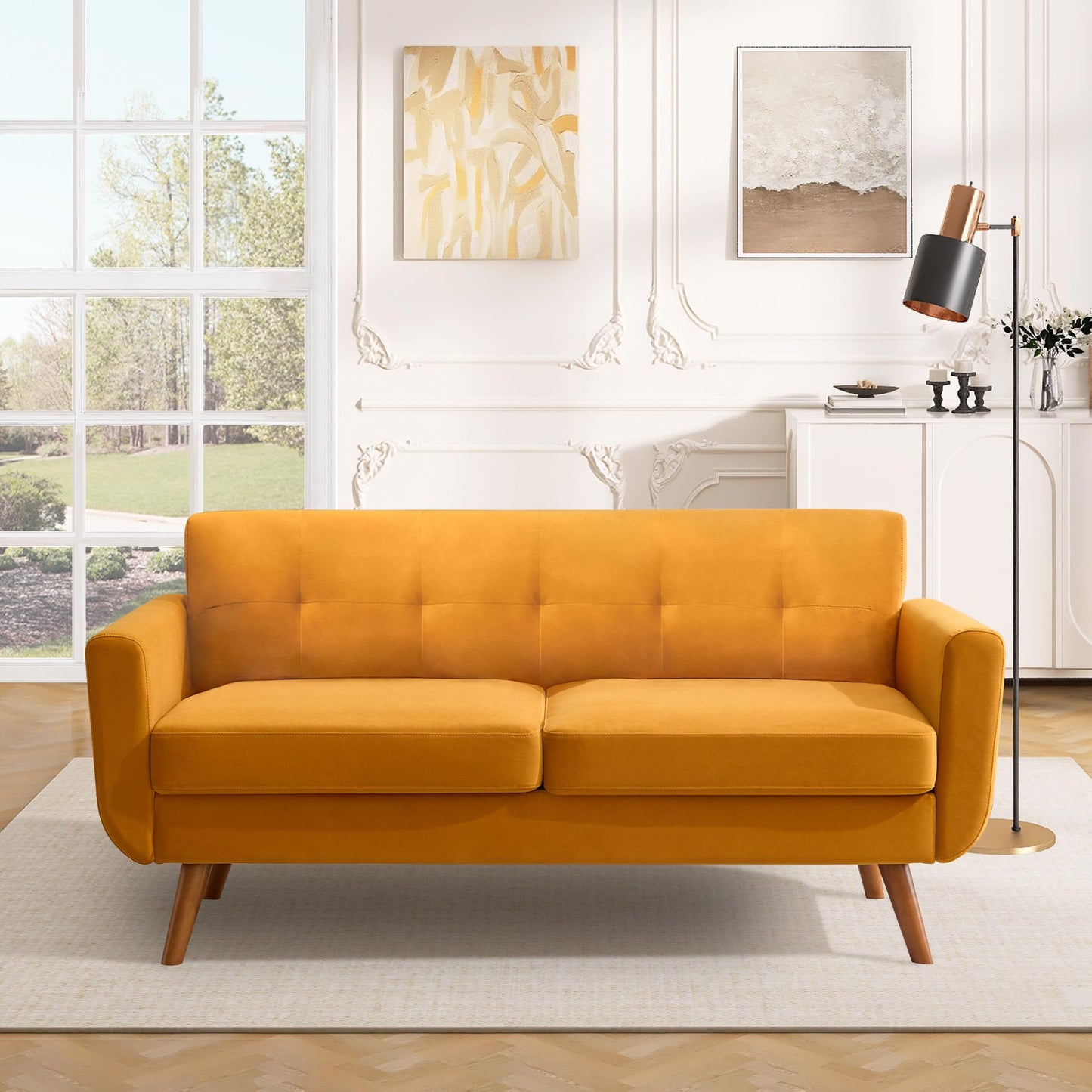 Tbfit 65" W Loveseat Sofa, Mid Century Modern Love Seat Couches for Living Room, Button Tufted Upholstered Small Couch for Bedroom, Solid and Easy to Install Love Seats Furniture, Grey