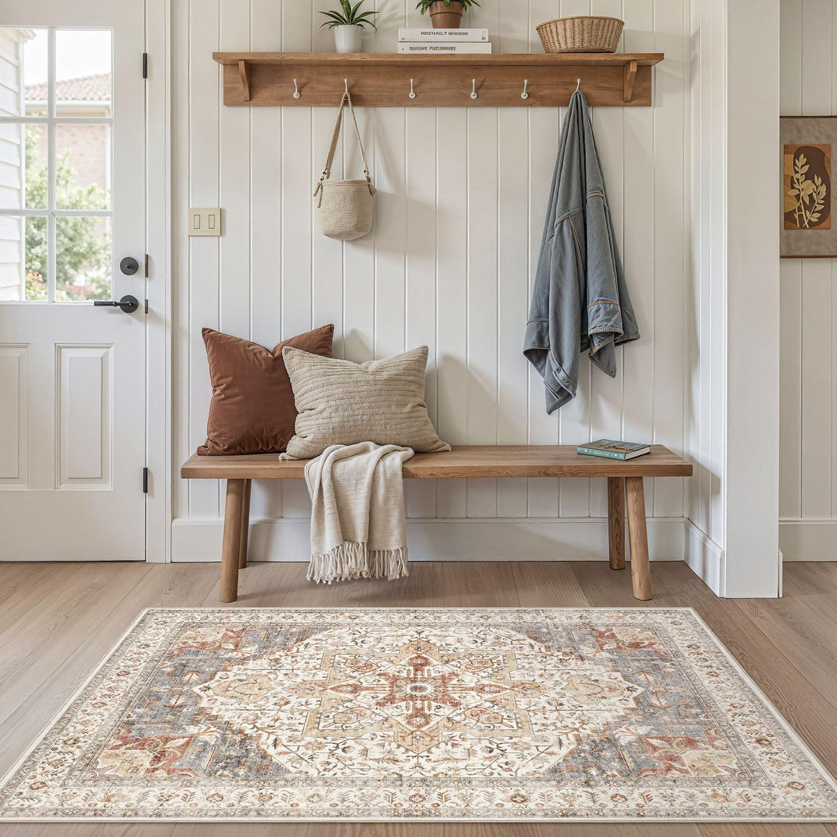 Tortania Area Rug Living Room Rugs - 9x12 Washable Boho Rug Vintage Oriental Distressed Farmhouse Large Thin Indoor Carpet for Living Room Bedroom Under Dining Table Home Office - Salmon/Azure