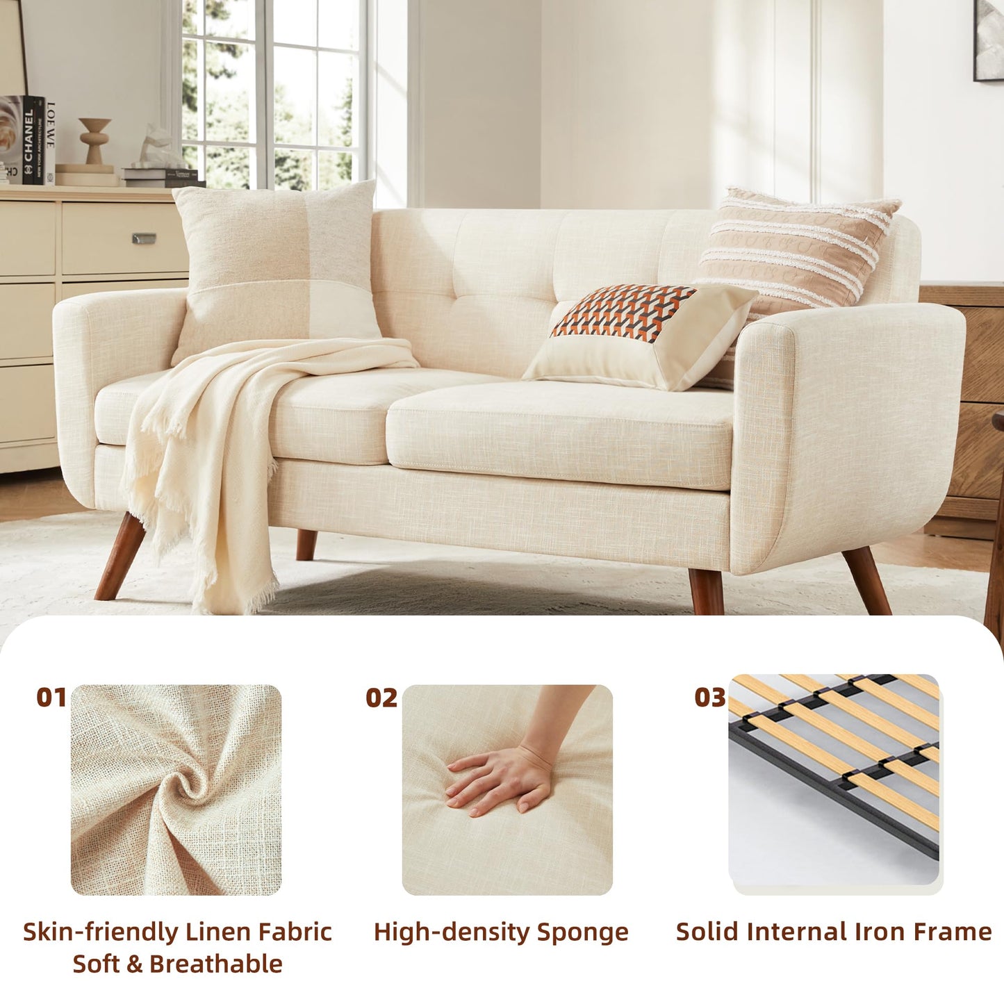Tbfit 65" W Loveseat Sofa, Mid Century Modern Love Seat Couches for Living Room, Button Tufted Upholstered Small Couch for Bedroom, Solid and Easy to Install Love Seats Furniture, Grey